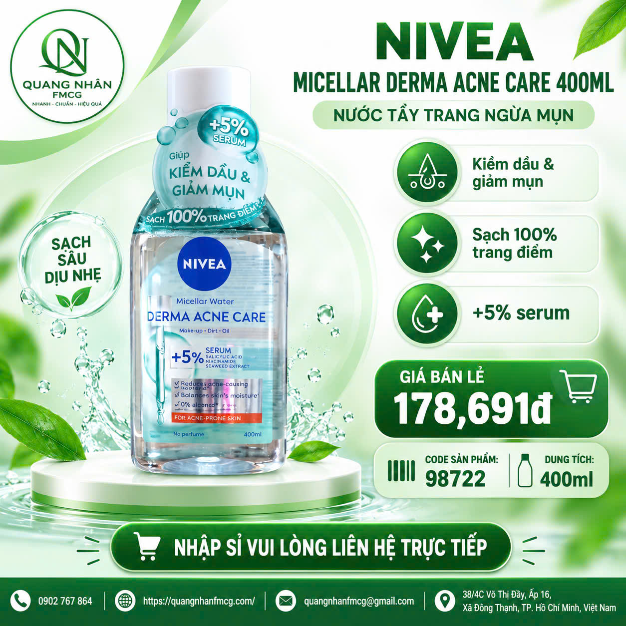 98722 NIVEA NTT DERMA ACNE CARE 400ML X 6 Chai