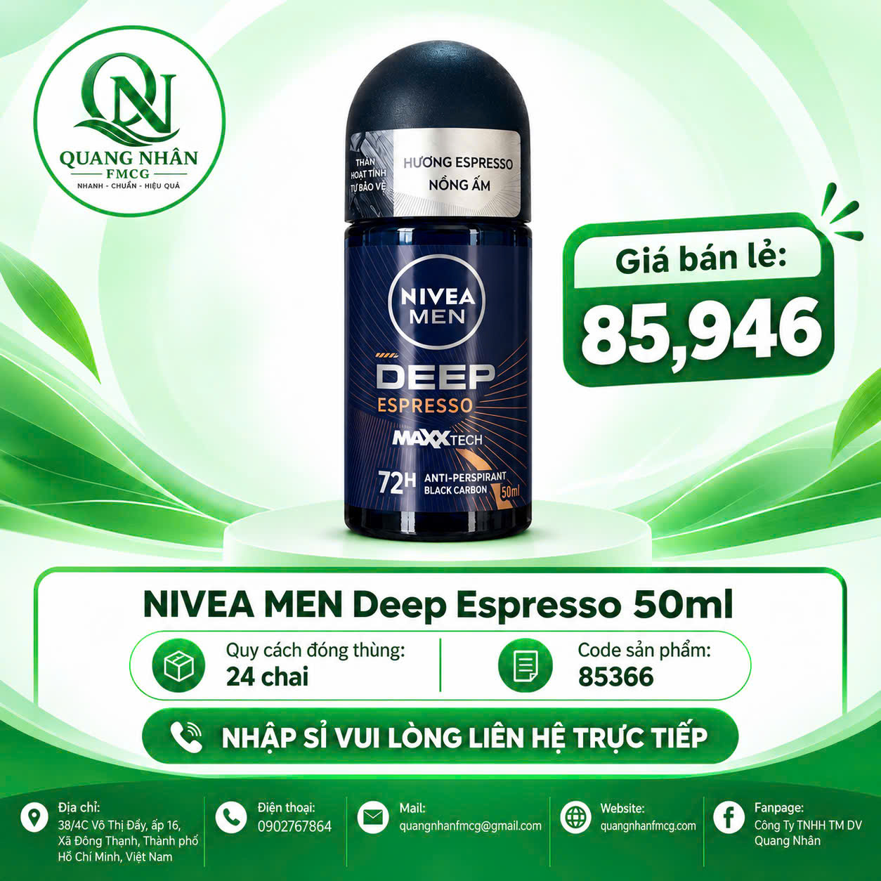 85366 LĂN NGĂN MÙI NAM NIVEA DEEP HUONG ESPRESSO 50ML X 24 CHAI
