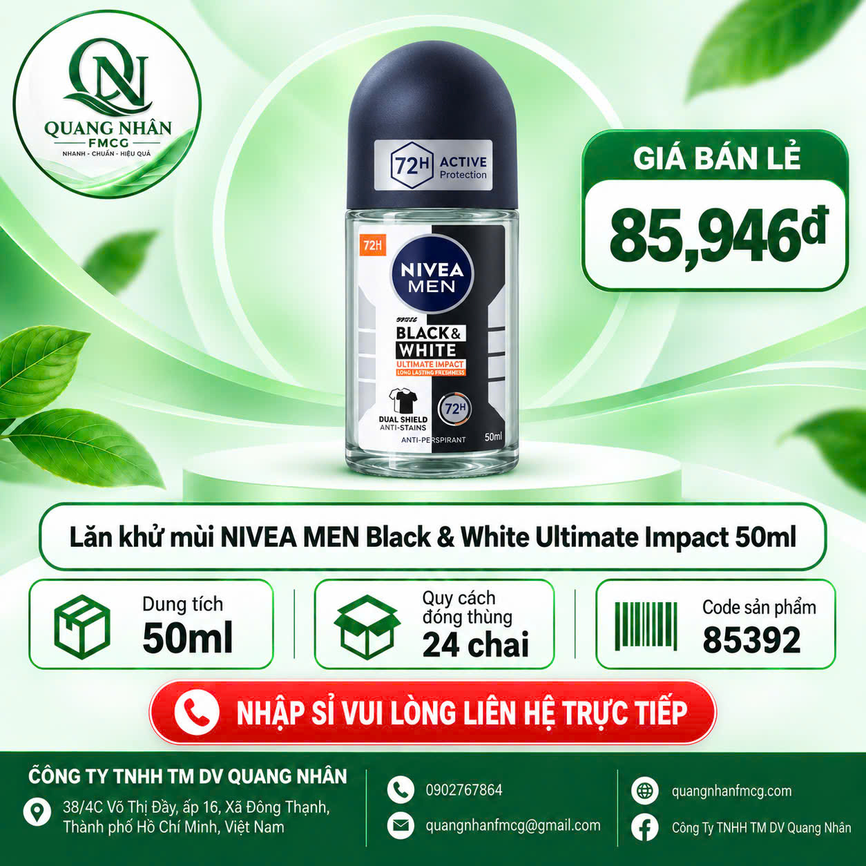 85392 LĂN NGĂN MÙI NAM NIVEA Ngăn ố vàng vượt trội 50ML X 24 CHAI
