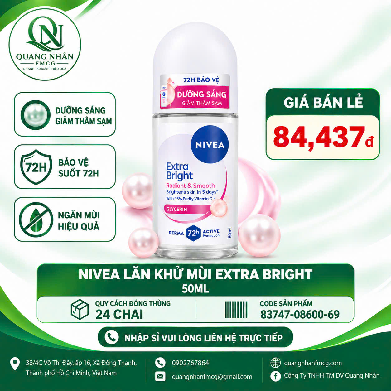 83747 LĂN NGĂN MÙI NỮ NIVEA Sáng mịn tối ưu 50ML X 24 CHAI