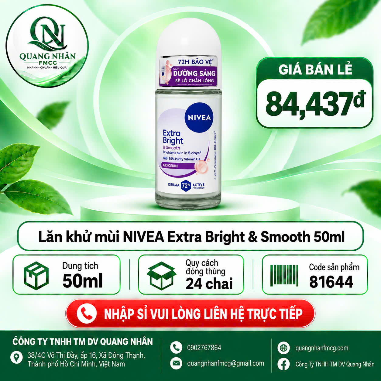 81644 LĂN NGĂN MÙI NỮ NIVEA SÁNG MỊN SE LỖ CHÂN LÔNG 50ML x 24 CHAI