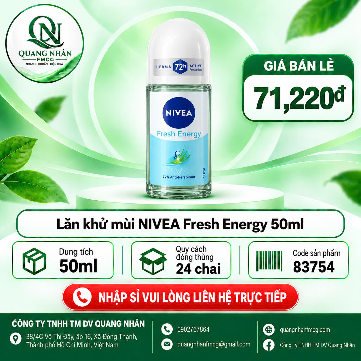 83754 LĂN NGĂN MÙI NỮ NIVEA TƯƠI MÁT 50ML x 24 CHAI