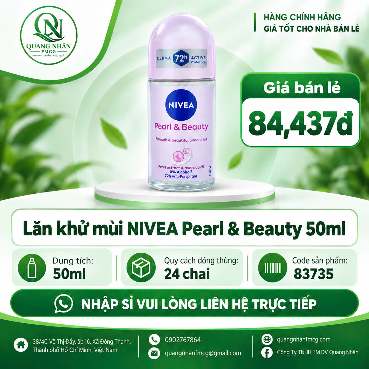 83735 LĂN NGĂN MÙI NỮ NIVEA NGOC TRAI 50ML X 24 CHAI