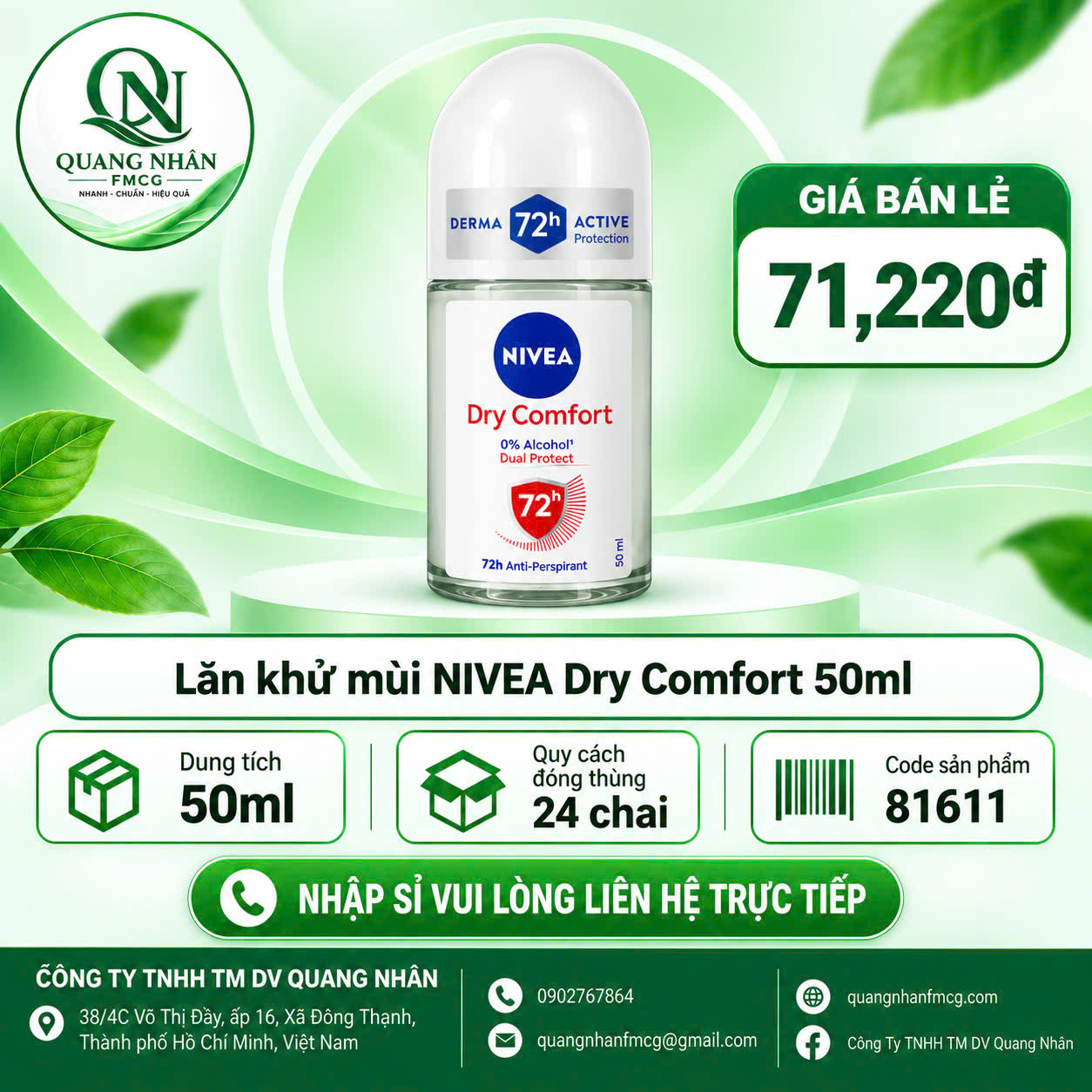 81611 LĂN NGĂN MÙI NỮ NIVEA KHÔ THOÁNG 72H 50ML x 24 CHAI