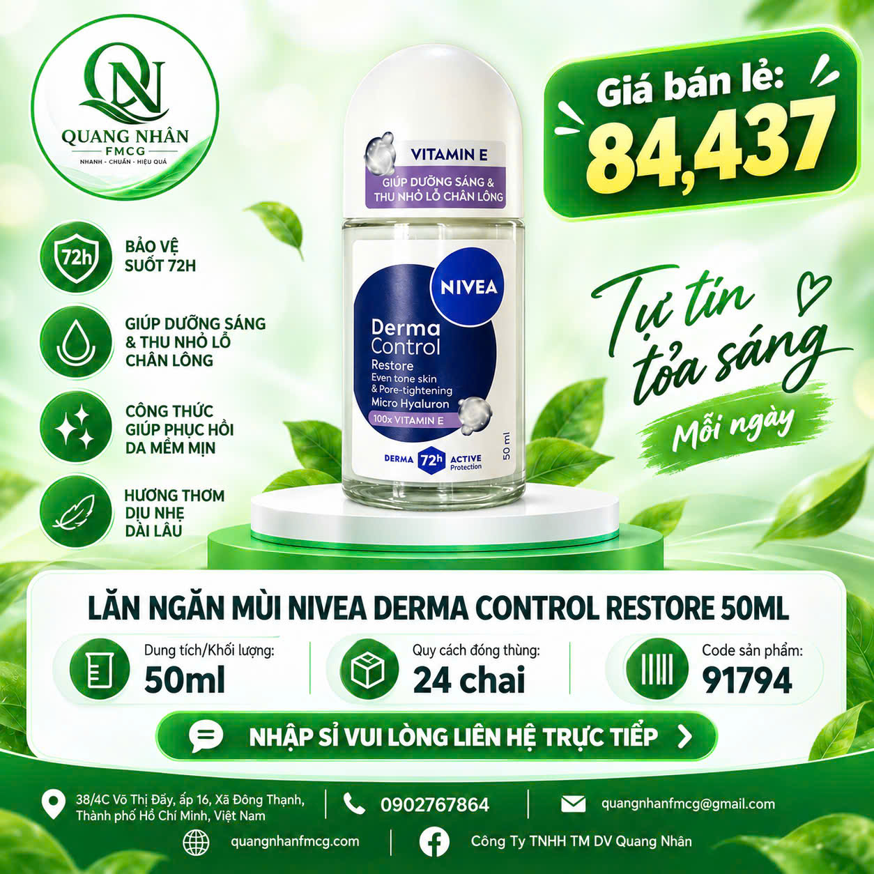 91794 - LĂN NGĂN MÙI NIVEA DƯỠNG SÁNG MỀM MỊN 50ml x 24 chai