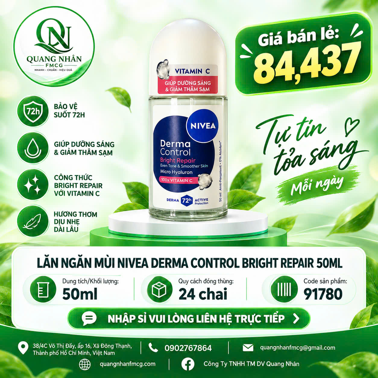 91780 - LĂN NGĂN MÙI NIVEA DƯỠNG SÁNG ĐỀU MÀU 50ml x 24 chai
