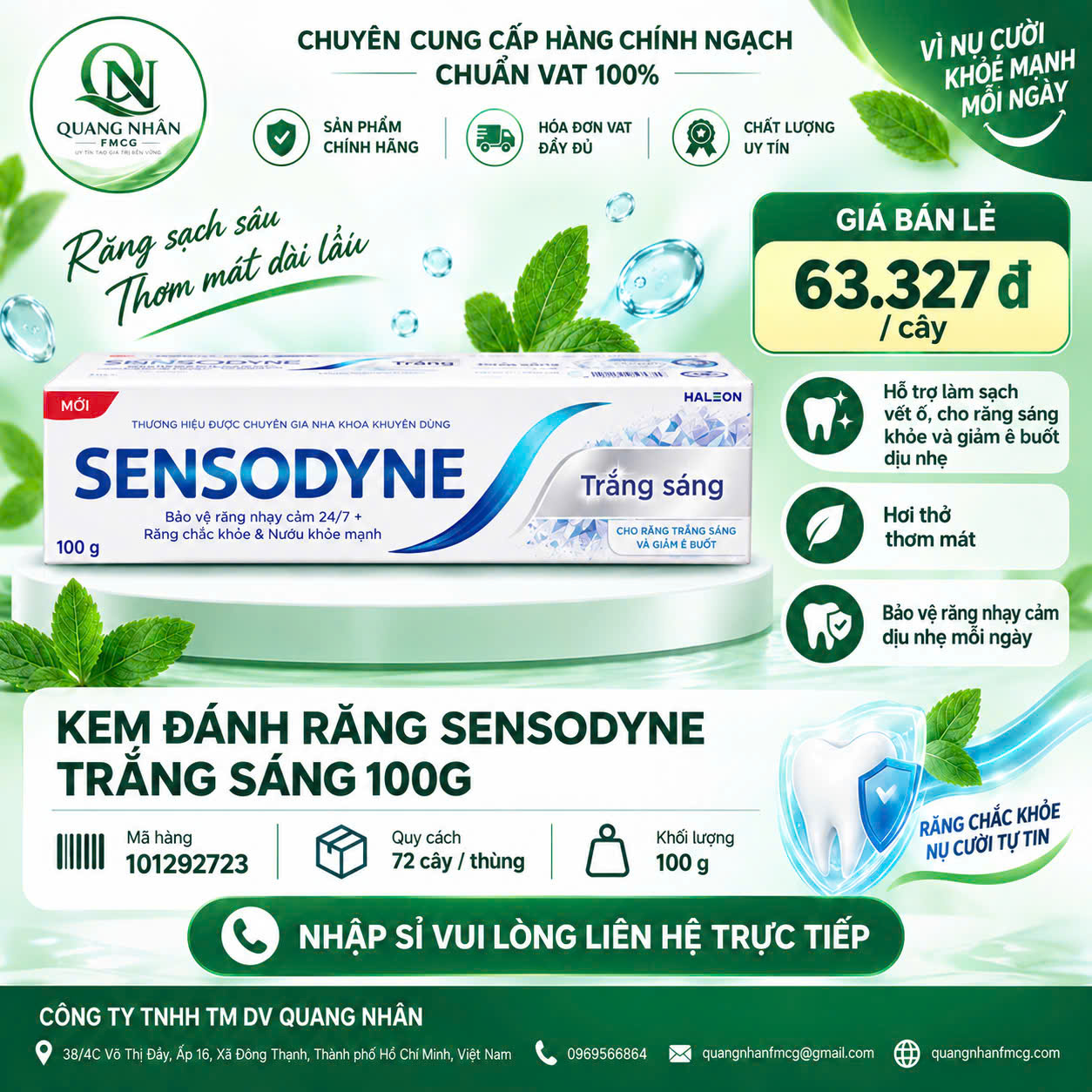 KEM ĐÁNH RĂNG SENSODYNE TRANG SANG 100G x 72 ống