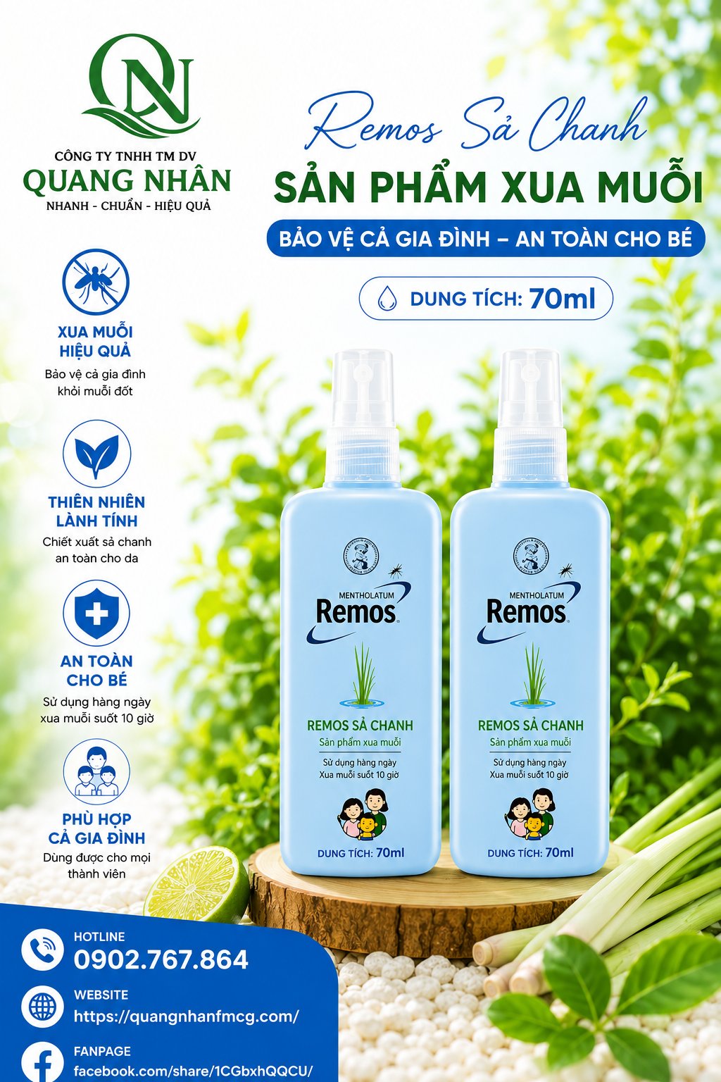 XỊT CHỐNG MUỖI REMOS HƯƠNG SẢ CHANH 70ML * 75 chai / thùng