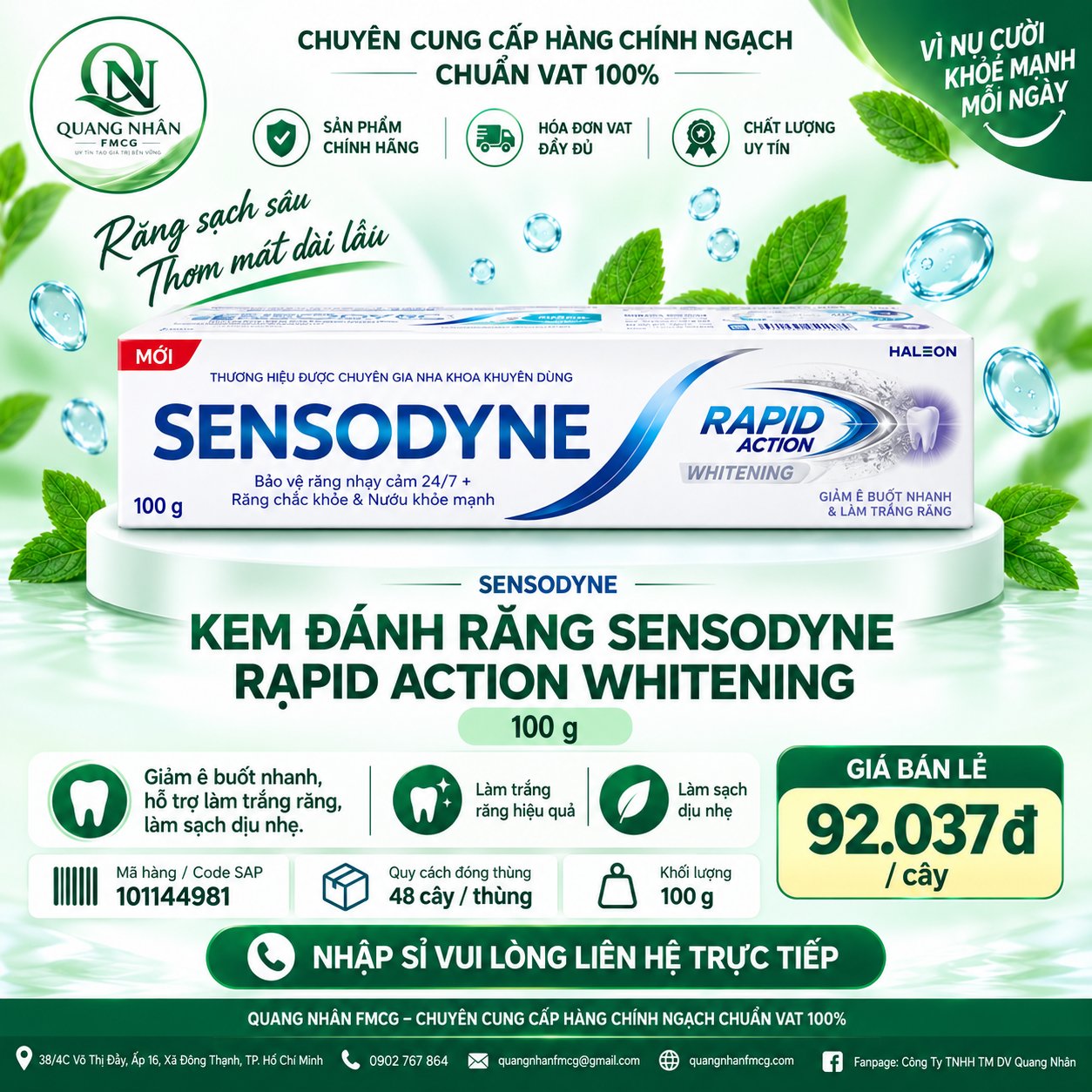 KEM ĐÁNH RĂNG SENSODYNE RAPID ACTION WHITENING 100G x 48 ống