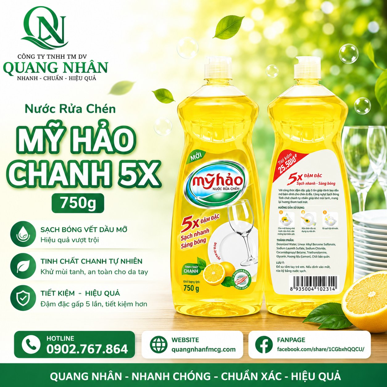 Nước Rửa Chén MY HAO Chanh Chai Trong 5X 750g x 12chai