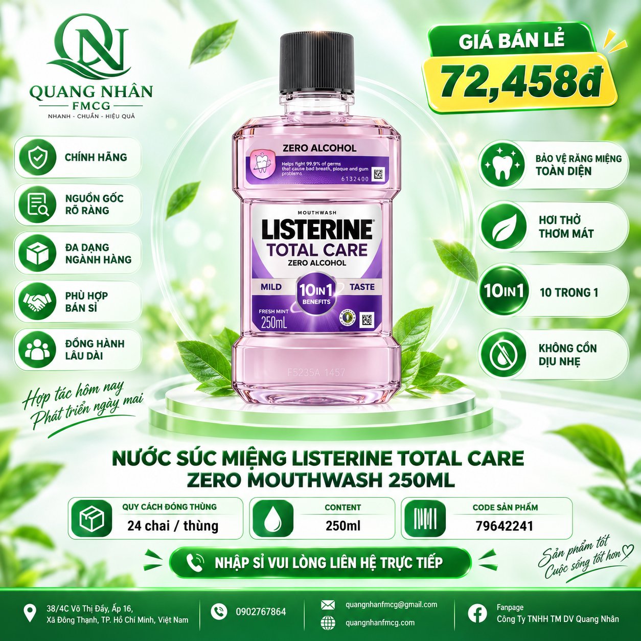 Nước súc miệng Listerine Total Care Zero 250ml * 24 Chai / thùng
