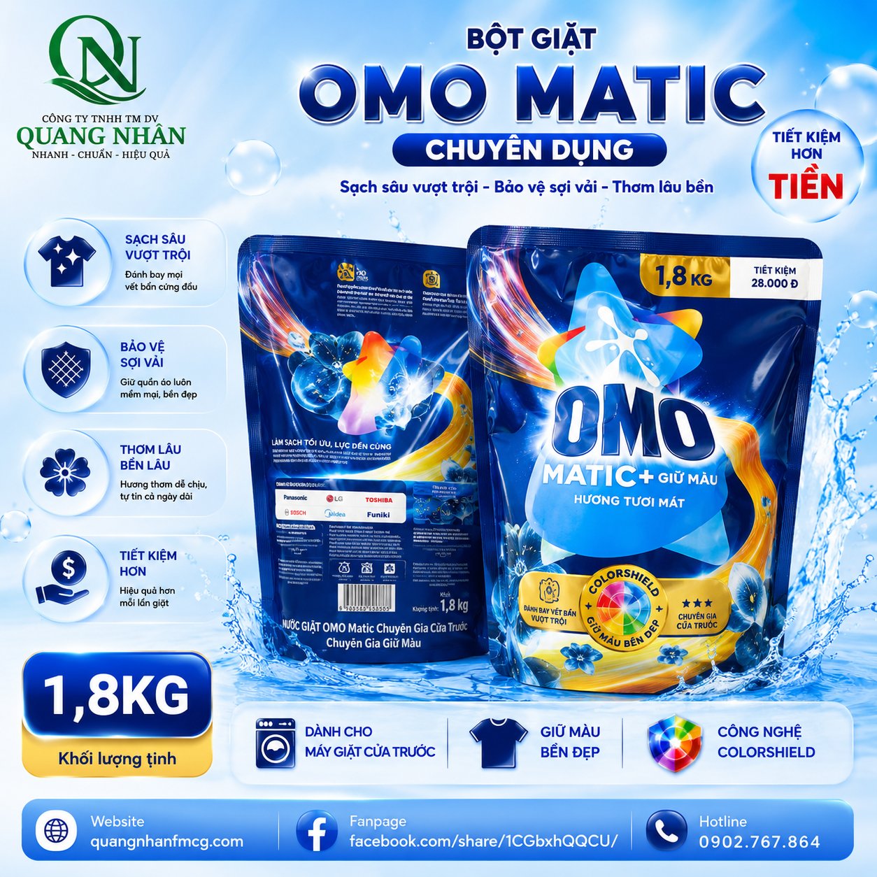 NƯỚC GIẶT OMO MATIC  BỀN MÀU CỬA TRƯỚC 1.8KG x 4 túi