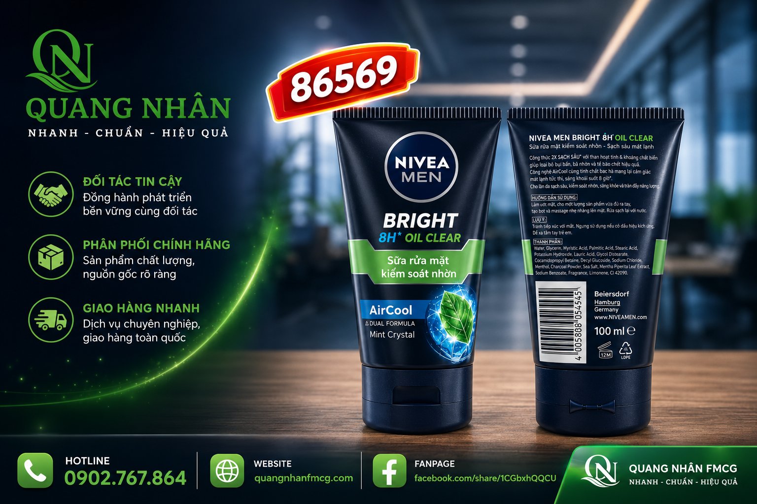 86569 SỮA RỬA MẶT NIVEA NAM BRIGHT 12H OIL CLEAR MUD 100G x 24 CHAI
