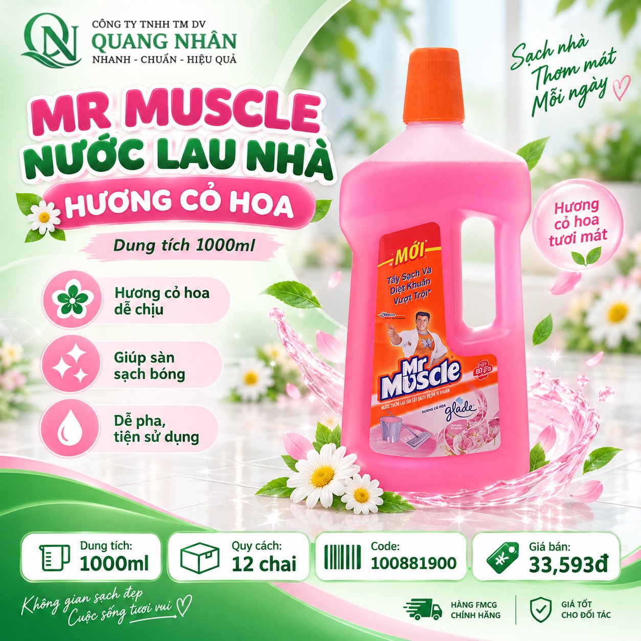 NƯỚC LAU NHÀ Mr Muscle - Hương Cỏ Hoa 1000ml x 12 chai