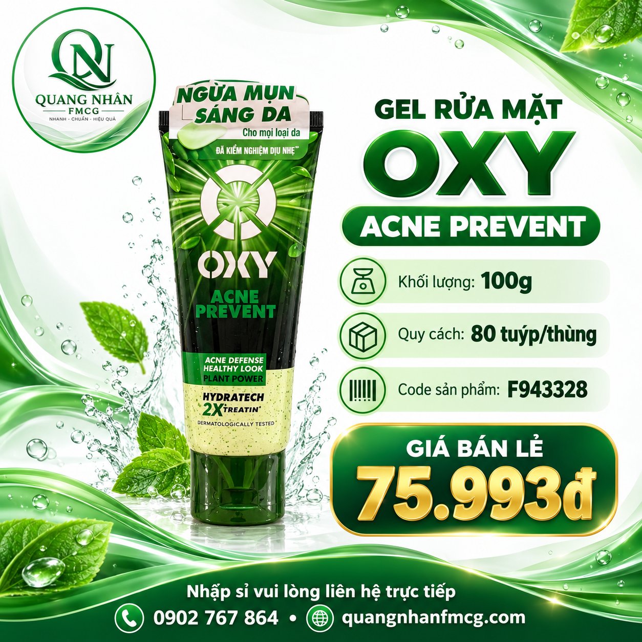 GEL RỬA MẶT NAM OXY ACNE PREVENT 100G ( XANH LÁ ) X 80 TUÝP