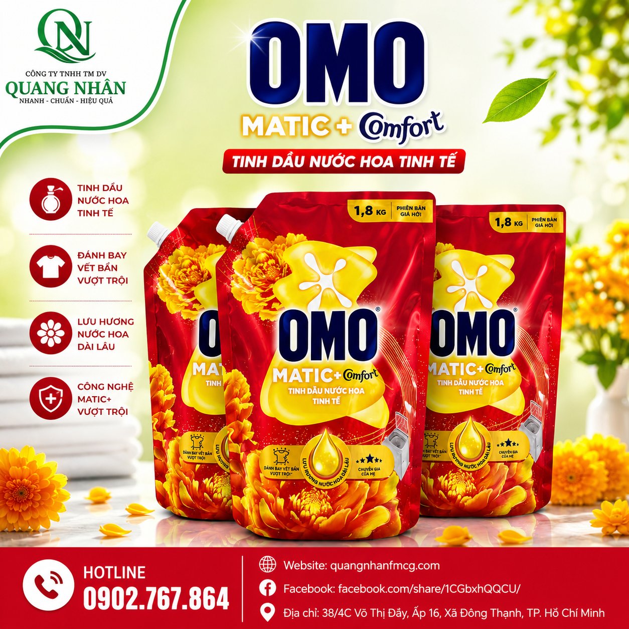NƯỚC GIẶT OMO MATIC ĐỎ KHỬ MÙI 1.9KG x 4 túi
