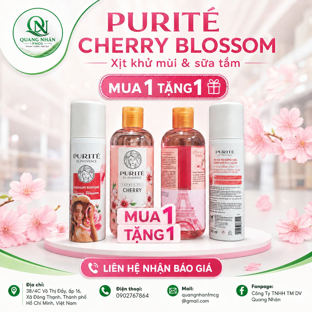PURITE XỊT KHỬ MÙI SÁNG DA ANH ĐÀO 140ML + TẮM 250ML