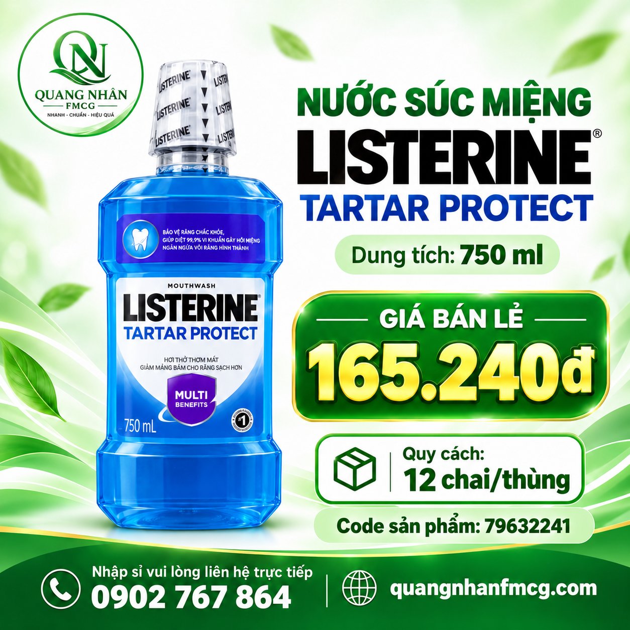 Nước Súc Miệng LISTERINE Tartar Protection Giảm Mảng Bám (Chai 750ml) *12 chai / Thung