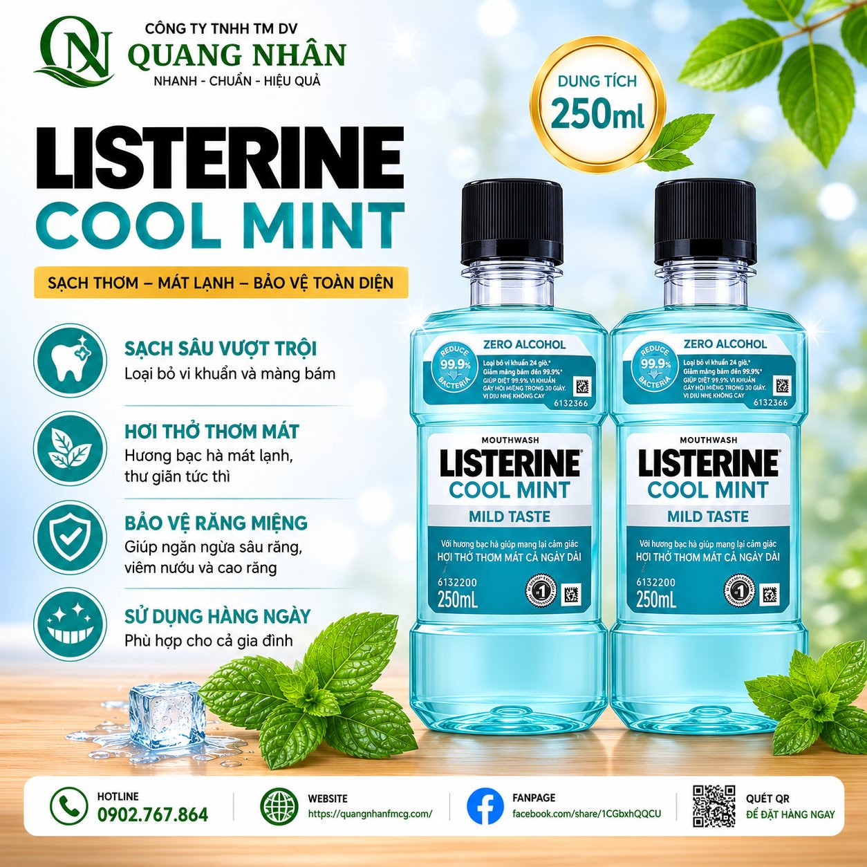 Nước súc miệng Listerine Coolmint Zero Alcohol chai 250m * 24 Chai / thùng