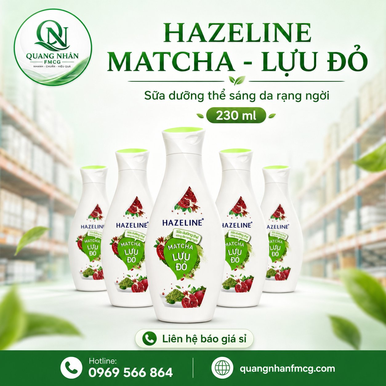 Sữa Dưỡng thể Trắng Da Mềm Mịn Hazeline MATCHA & LỰU ĐỎ 230ml x 24 CHAI