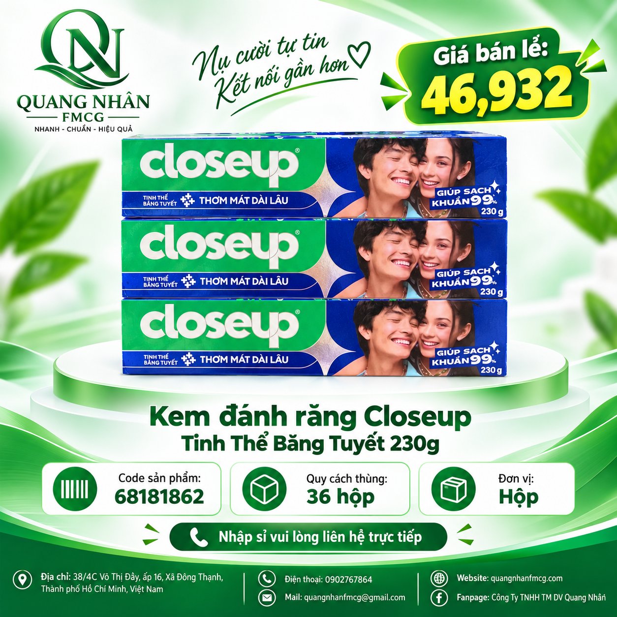 KEM ĐÁNH RĂNG CLOSEUP LOC DE BANG TUYET 230G x 36 ỐNG