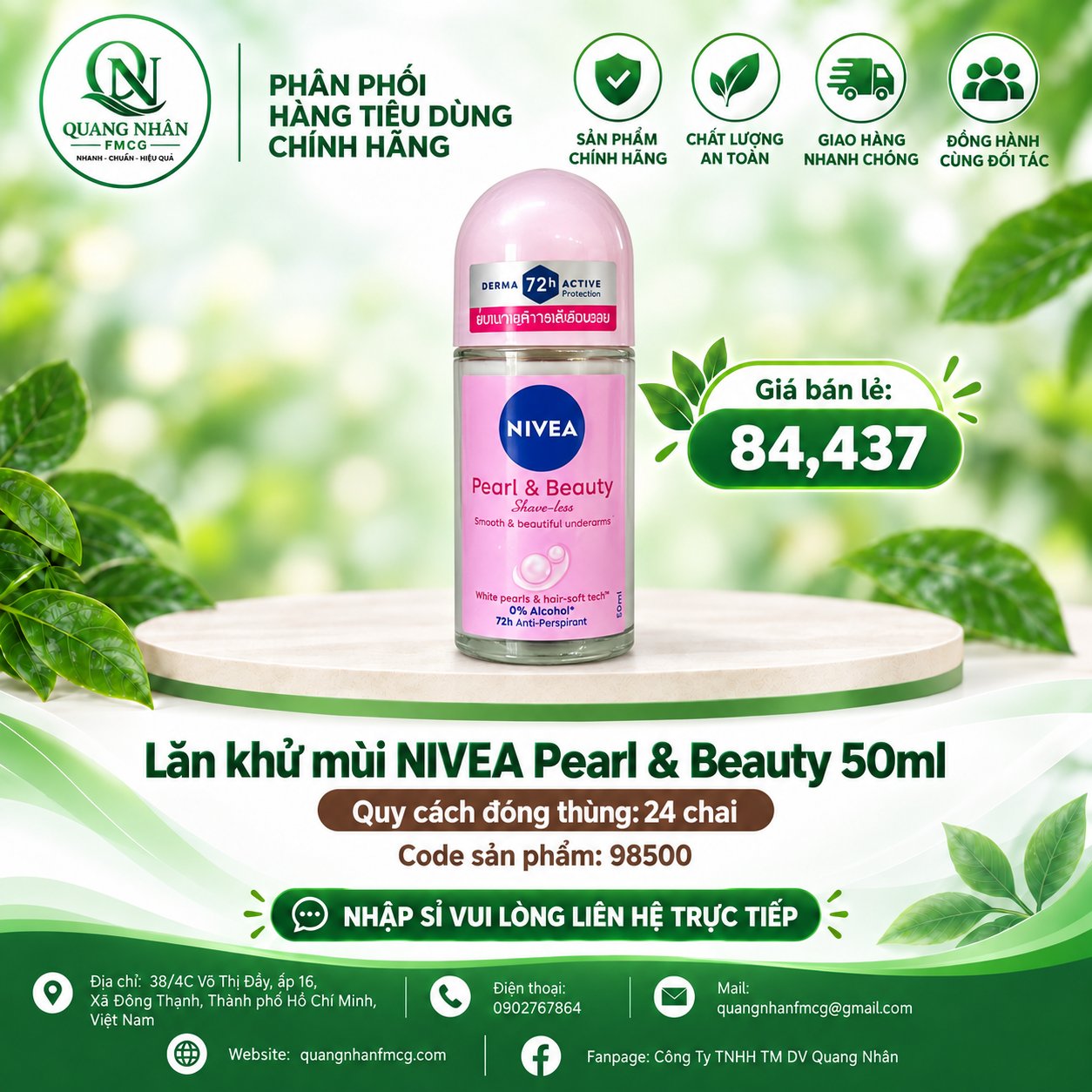 98500 LĂN NGĂN MÙI NỮ NIVEA NGỌC TRAI MỊN MƯỢT 50ML x 24 CHAI