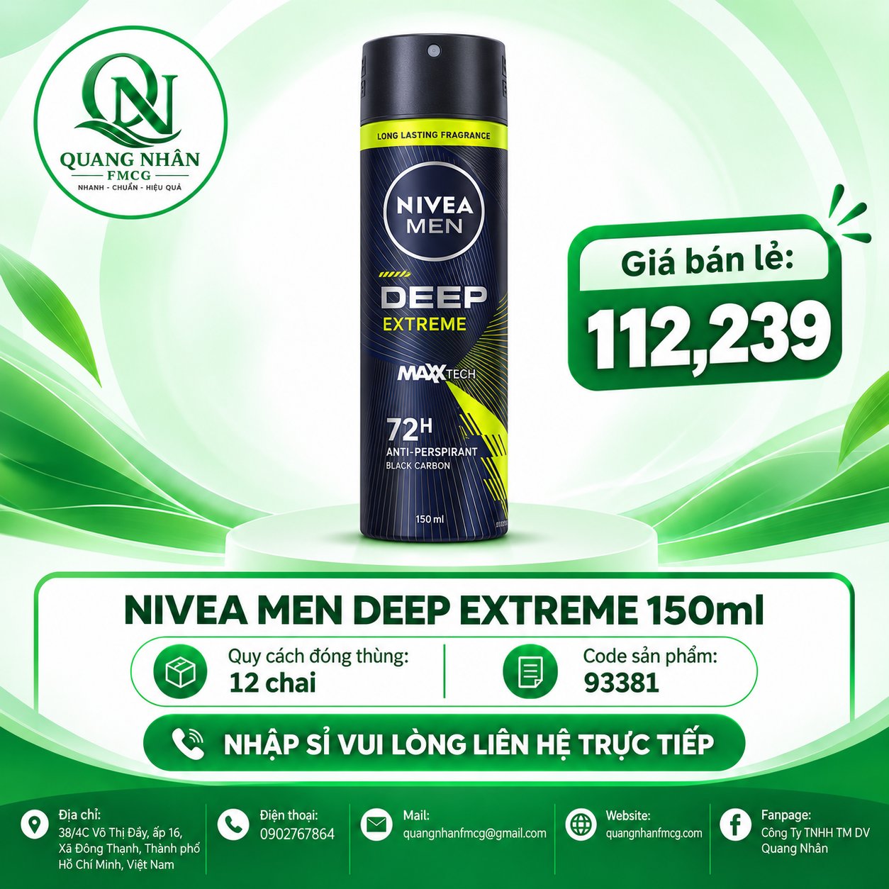 93381- Xịt Ngăn Mùi NIVEA Men Deep Extreme Hương Năng Động (150 ml) x 12 chai