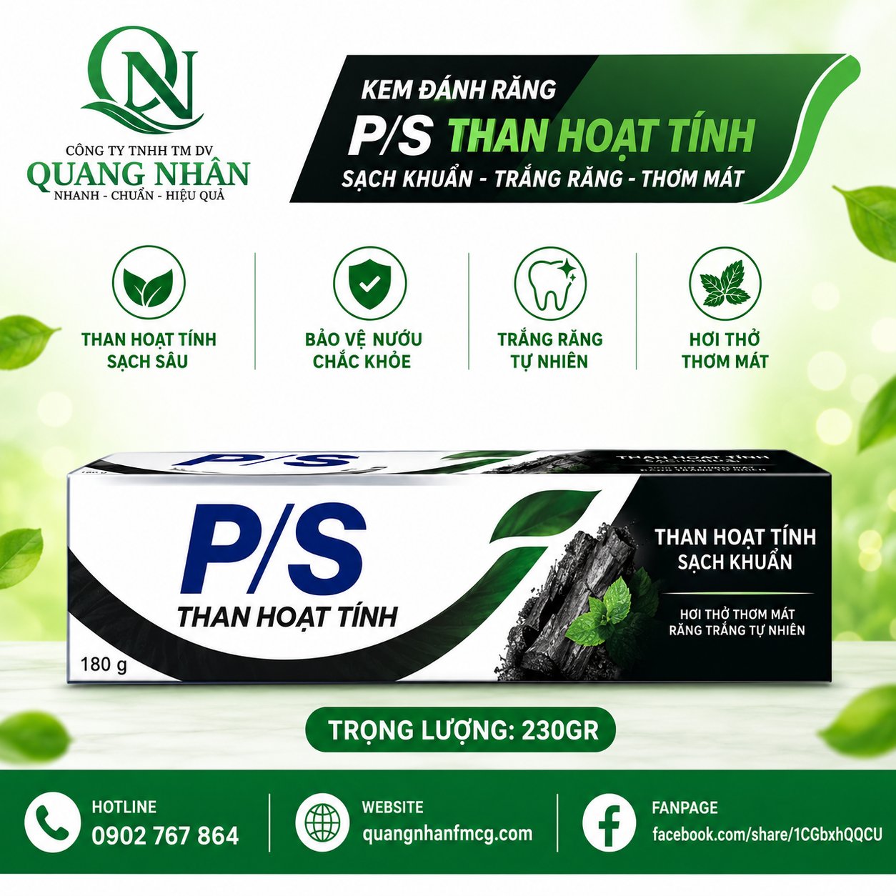 KEM ĐÁNH RĂNG P/S TRẮNG RĂNG THAN HOAT TINH 230G x 36 ống