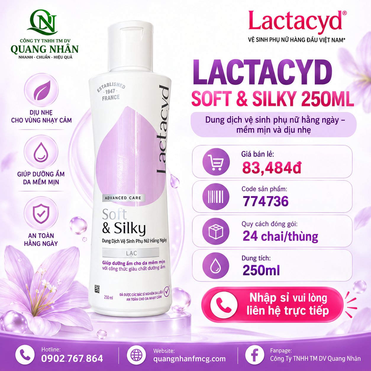 LACTACYD FEMININE WASH 250ML SOFT & SILKY VN X 24 chai ( TÍM )