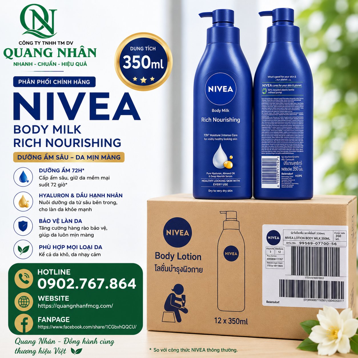 99569 Sữa Dưỡng Thể Nivea dưỡng ẩm chuyên sâu 350ml x 12 chai