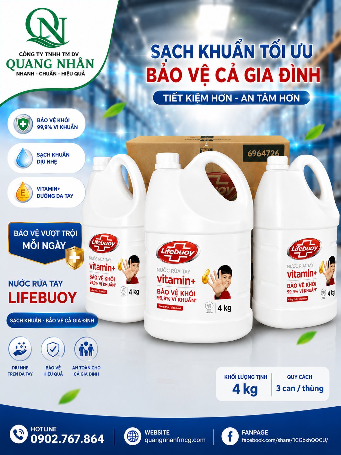 NƯỚC RỬA TAY LIFEBUOY BAC BAO VE 4KG x 3 can