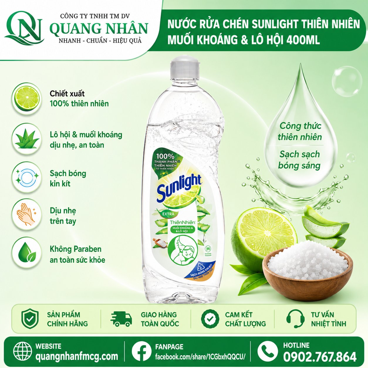 NƯỚC RỬA CHÉN SUNLIGHT THIÊN NHIÊN MUỐI KHOÁNG & LÔ HỘI 400ML x 24  CHAI