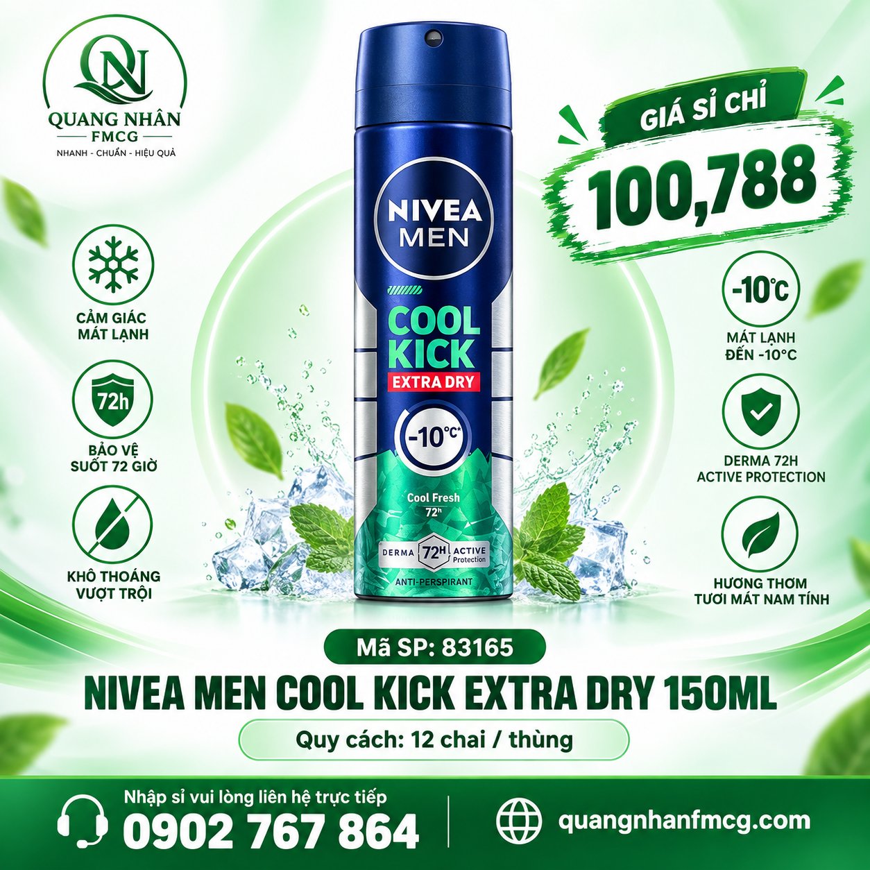 83165 XỊT NGĂN MÙI NIVEA NAM Mát Lạnh (GREEN) 150ML x 12 CHAI