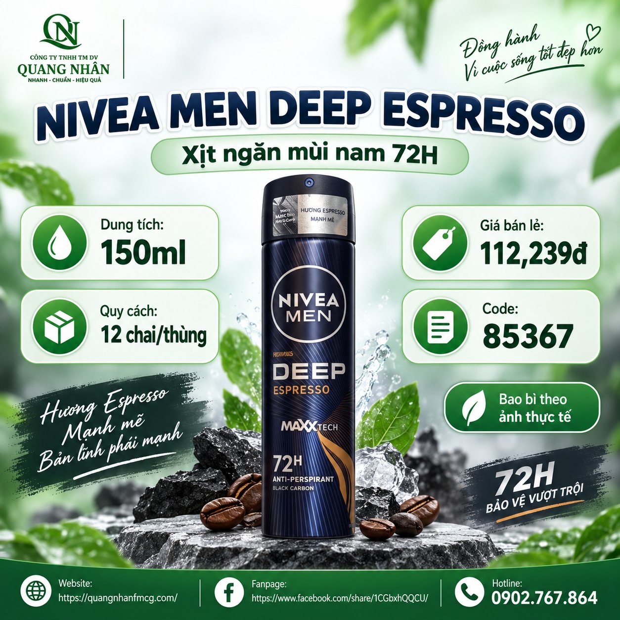 85367 - Xịt Ngăn Mùi NIVEA MEN Deep Than Đen Hương Espresso (150 ml) x 12 chai