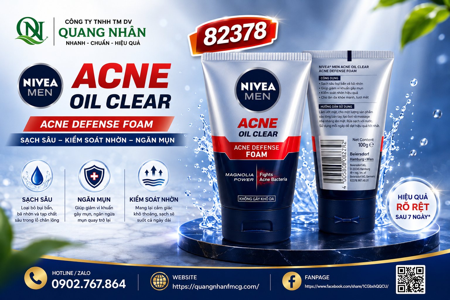 82378 SỮA RỬA MẶT NIVEA NAM ACNE OIL CLEAR FOAM 100G x 24 CHAI