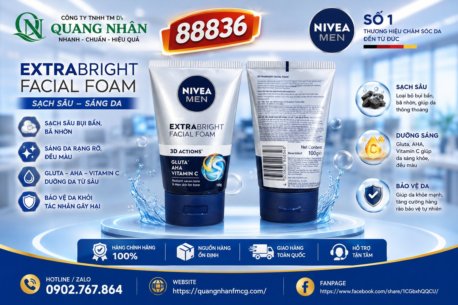 88836 SỮA RỬA MẶT NIVEA NAM EXTRA BRIGHT FOAM 100G x 24 CHAI