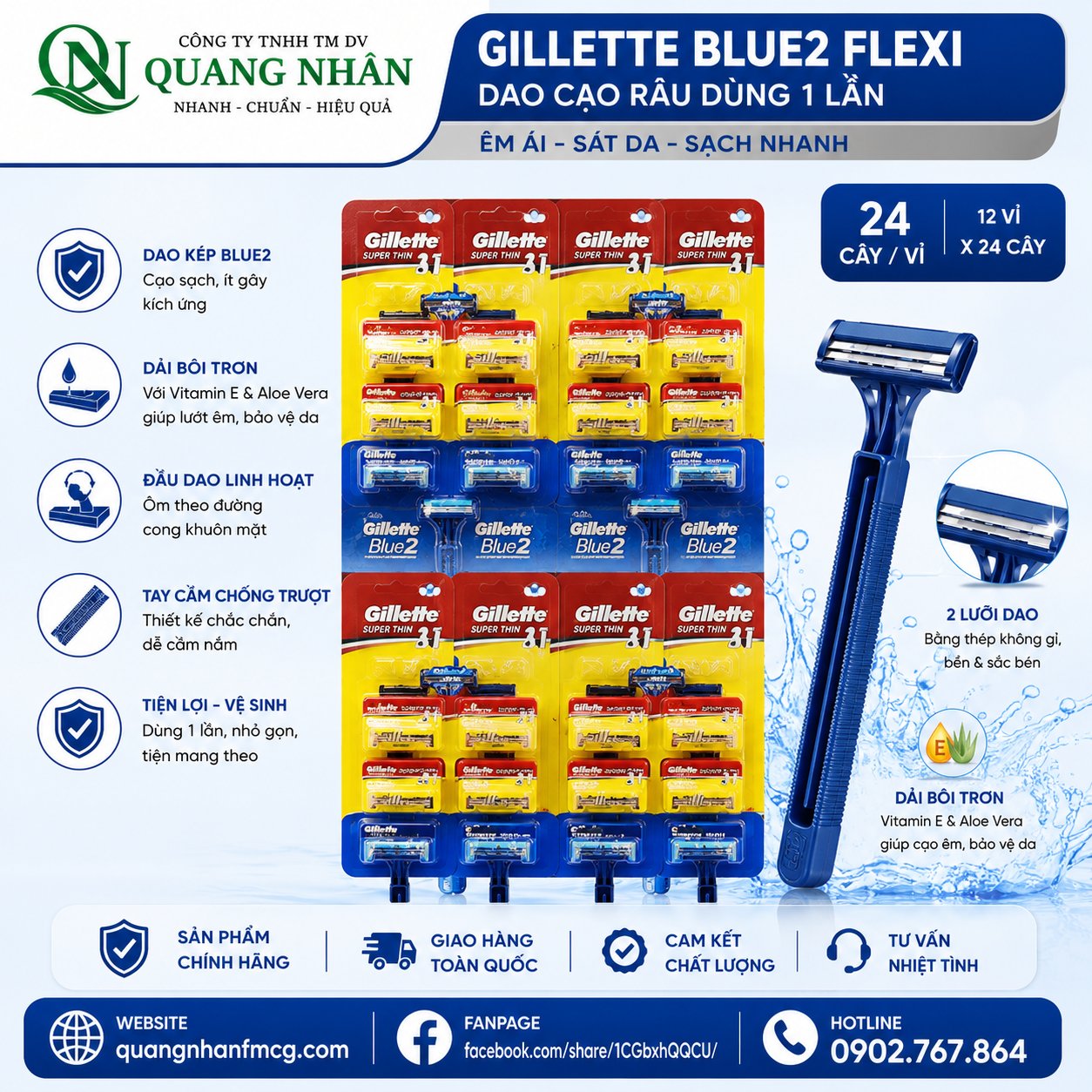 Dao cạo Gillette BLUE2 FLEXI 12X24X1 ( VỈ 2 MÀU )
