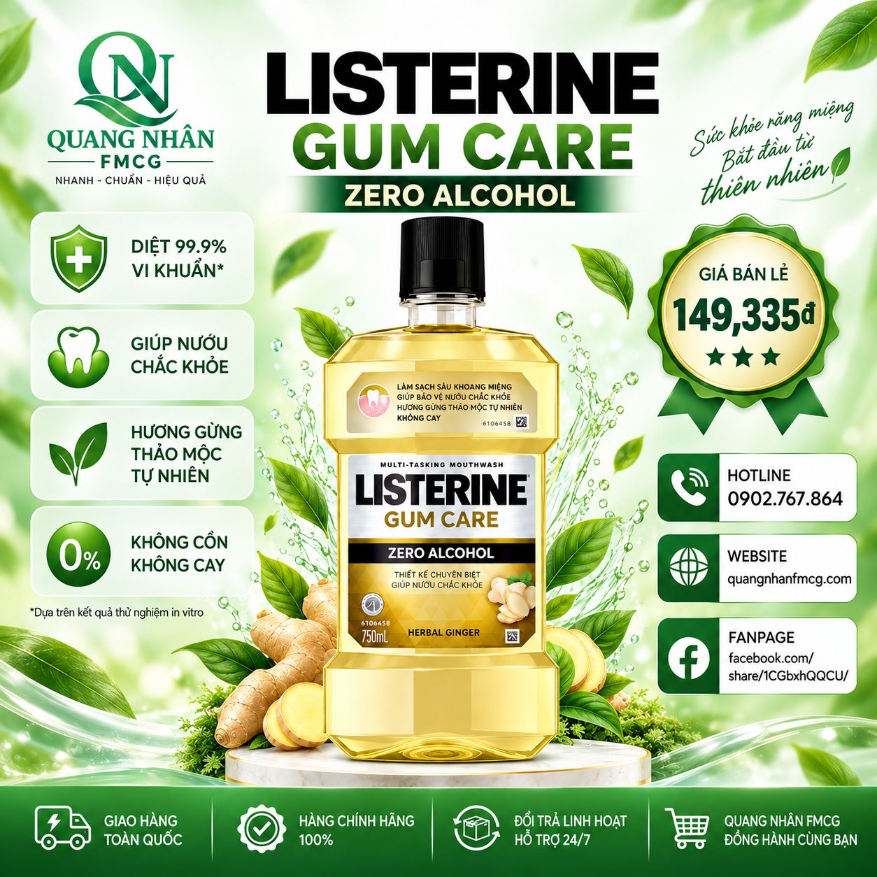 Nước súc miệng vị gừng  Listerine Gum Care (Chai 750ml) * 12 Chai / Thùng