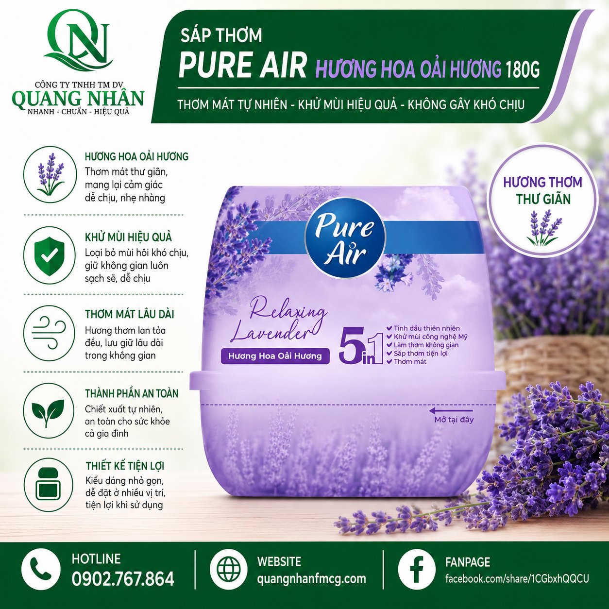 Sáp thơm Pure Air hương hoa oải hương 180GX20
