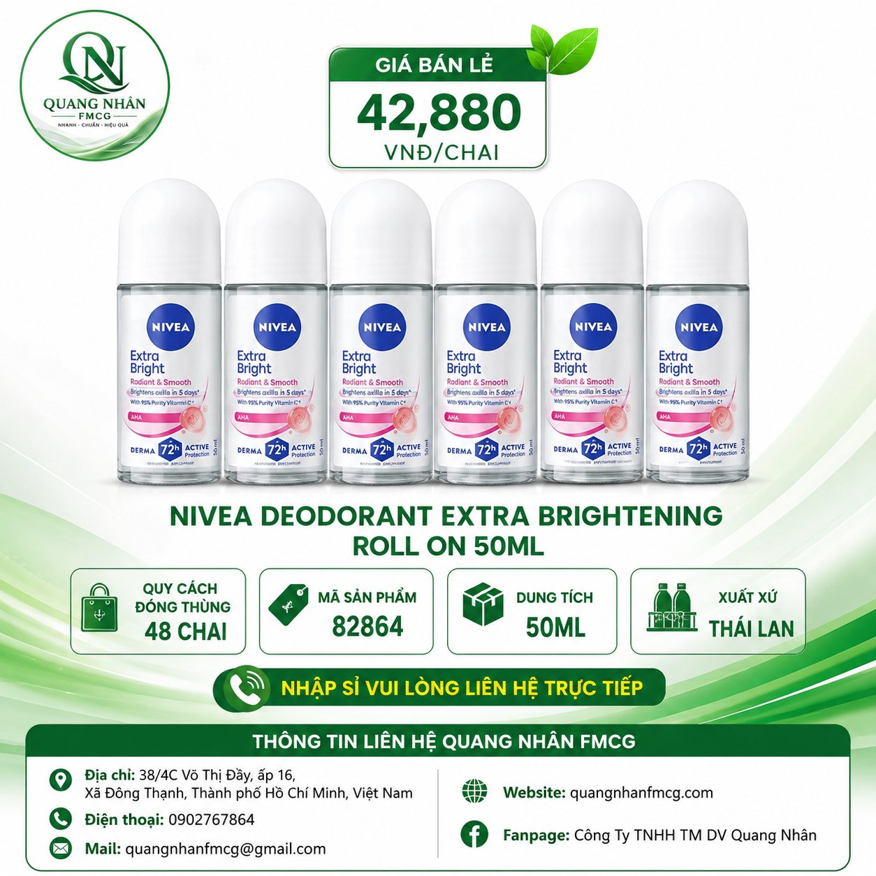 82864-1 LĂN NGĂN MÙI NỮ NIVEA Sáng mịn tối ưu 25ML  x 48 CHAI