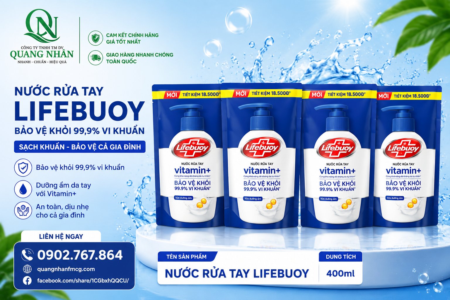 NƯỚC RỬA TAY LIFEBUOY DƯỠNG ẨM 400G x 24 túi