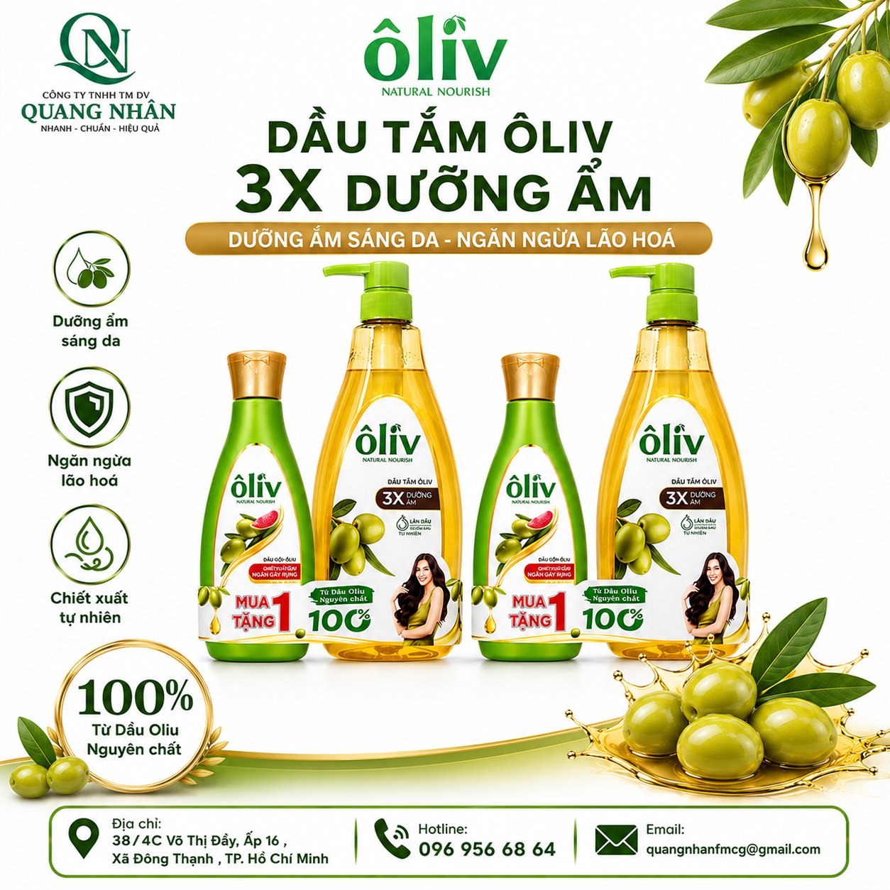 DẦU TẮM ÔLIV 3X DƯỠNG ẨM 650ML+250ml x 12 BỘ/THÙNG