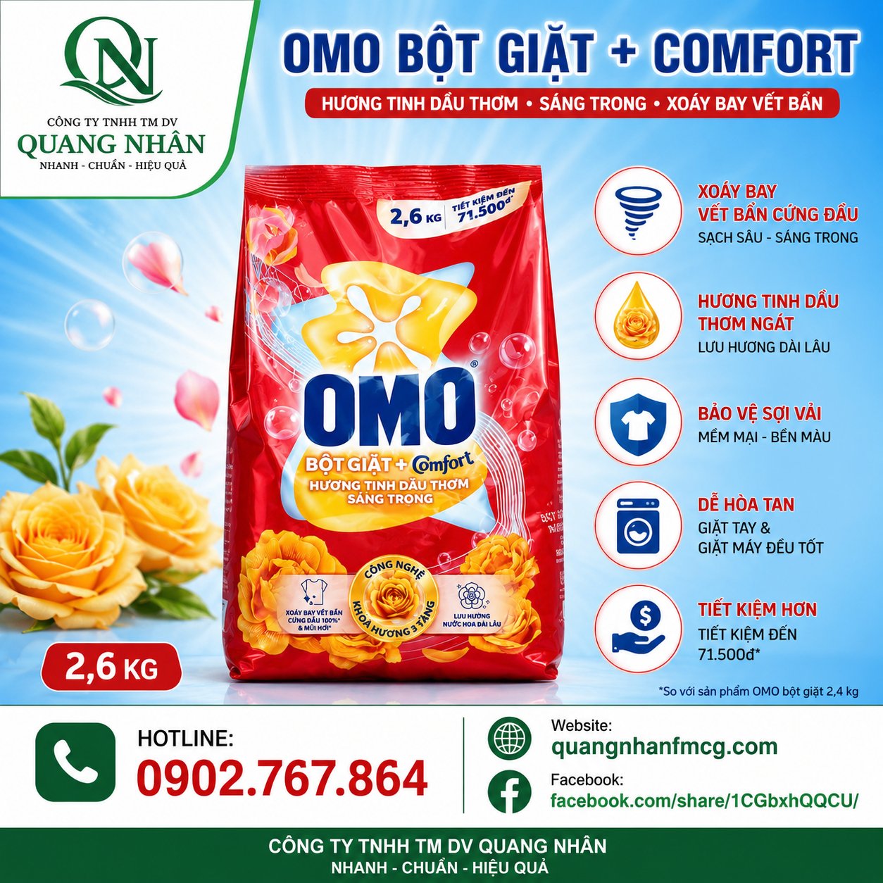 BỘT GIẶT OMO COMFORT TINH DẦU THƠM NỒNG NÀN 2.6KG X 4 TÚI
