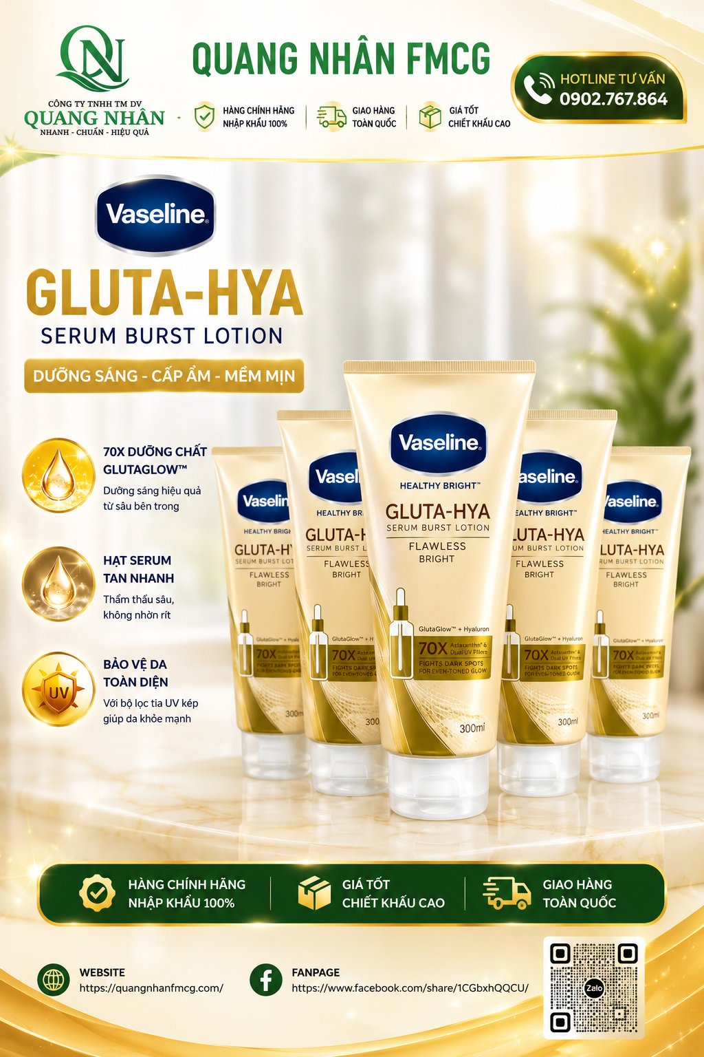 SỮA DƯỠNG THỂ VASELINE FLAWLESS BRIGHT 70X ( TRẮNG ) 300ML x 12 TUÝP