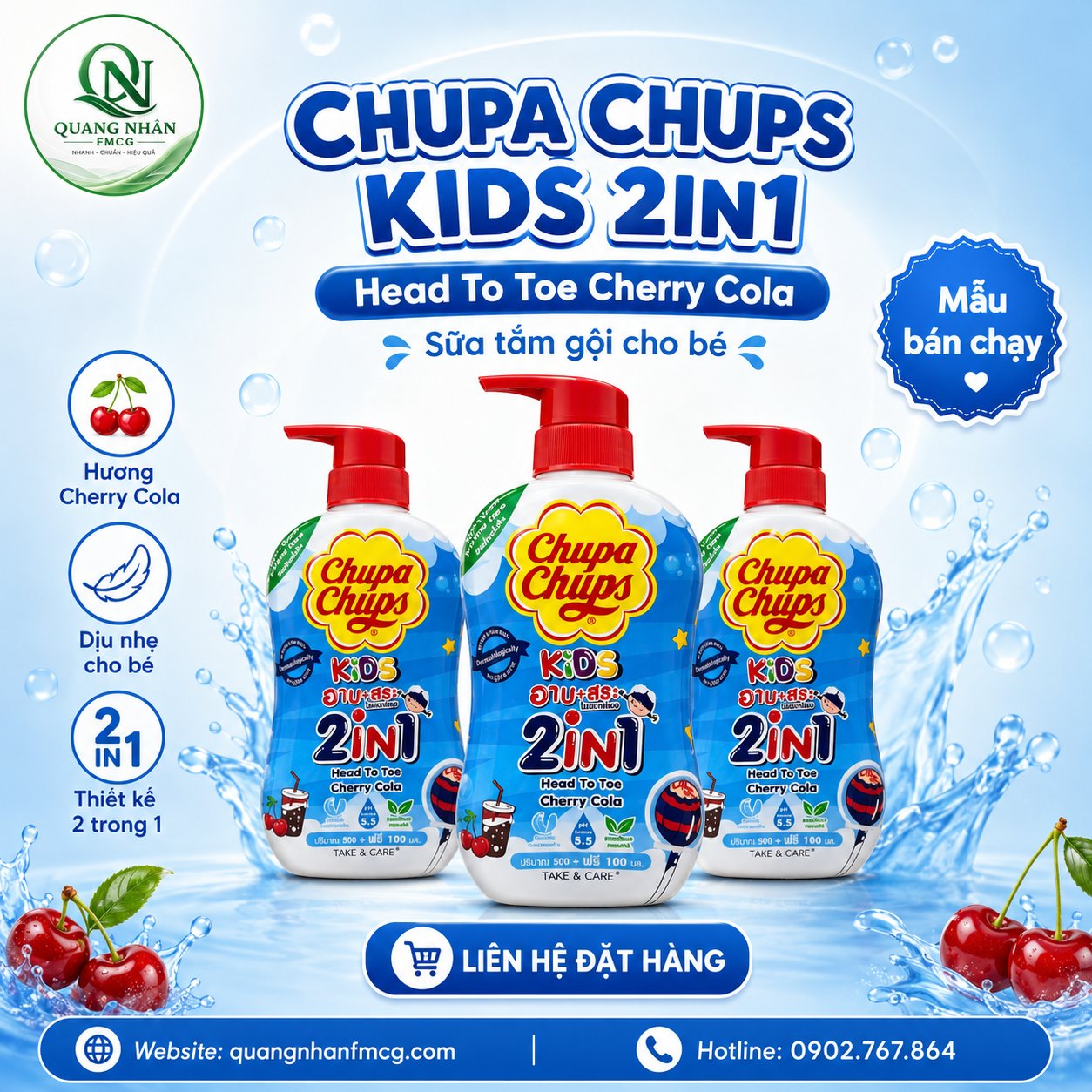 Tắm gội toàn thân hương cherry 600ml hiệu TAKE & CARE x 12 chai/thùng