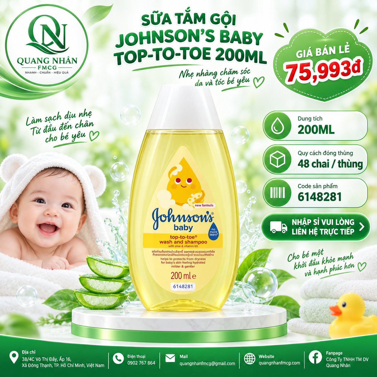Tắm gội toàn thân Johnson's Baby top to toe dịu nhẹ cho bé chai 200ml * 48chai/ Thùng