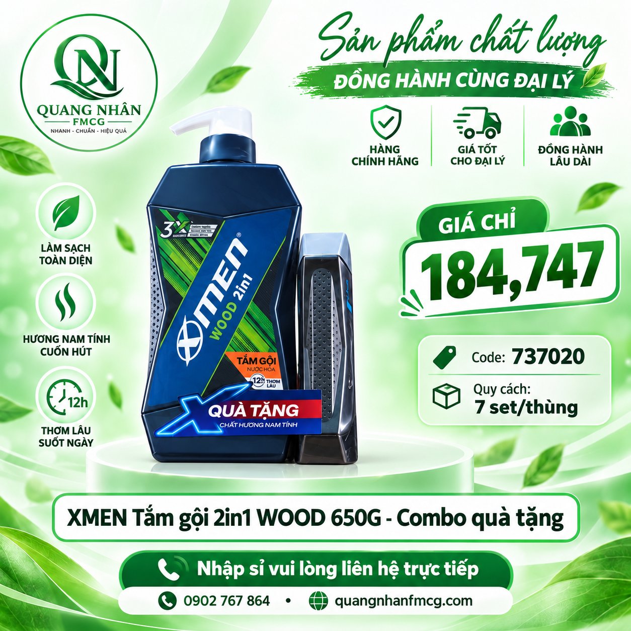 TẮM GỘI XMEN 2IN1 WOOD 650G TẶNG 3IN1 AQUA 125G X 7 BỘ