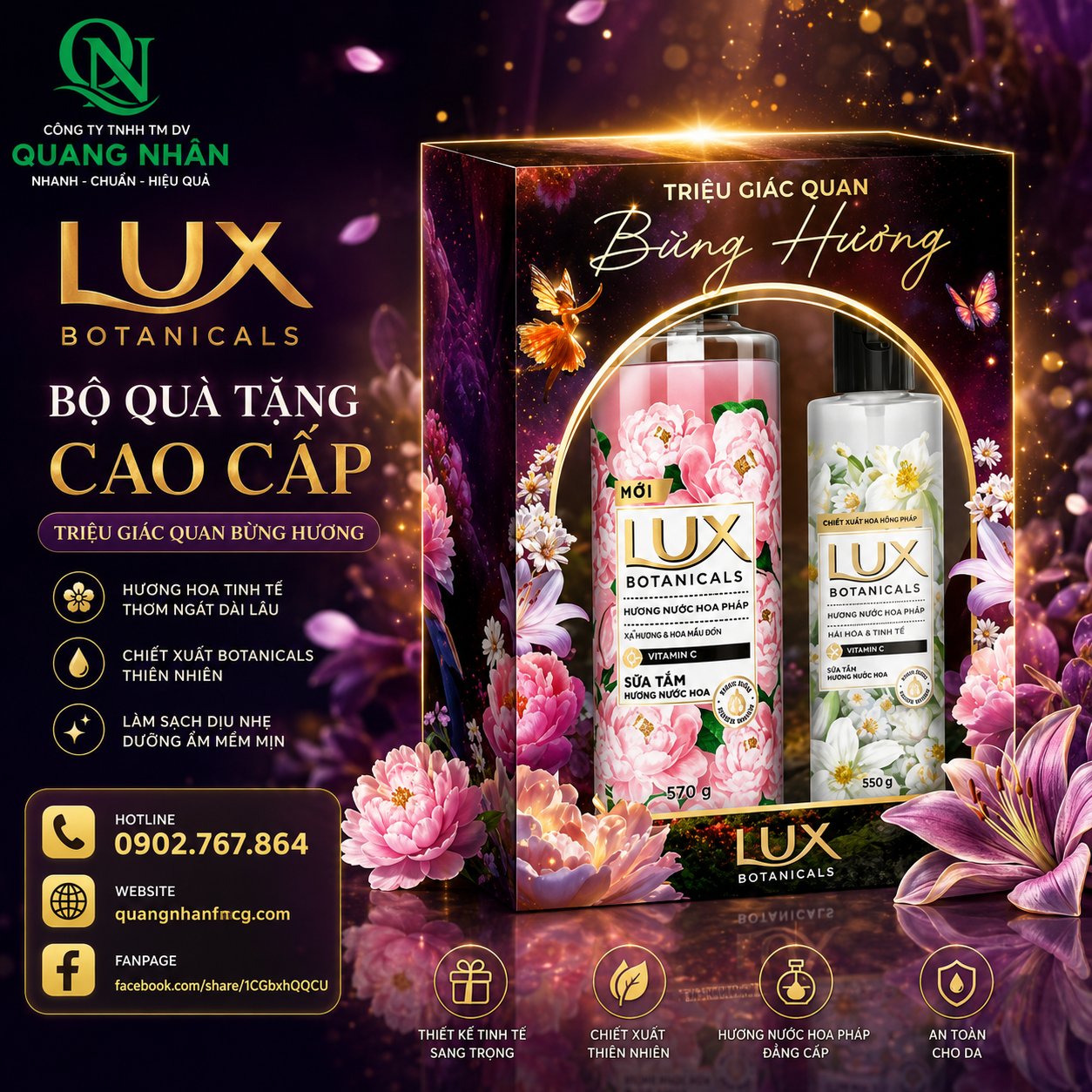 SỮA TẮM LUX BOTANICALS HOA HỒNG PHÁP NỒNG NÀN (HỒNG) 570G + ST H.PLQR 350G x 12 BỘ