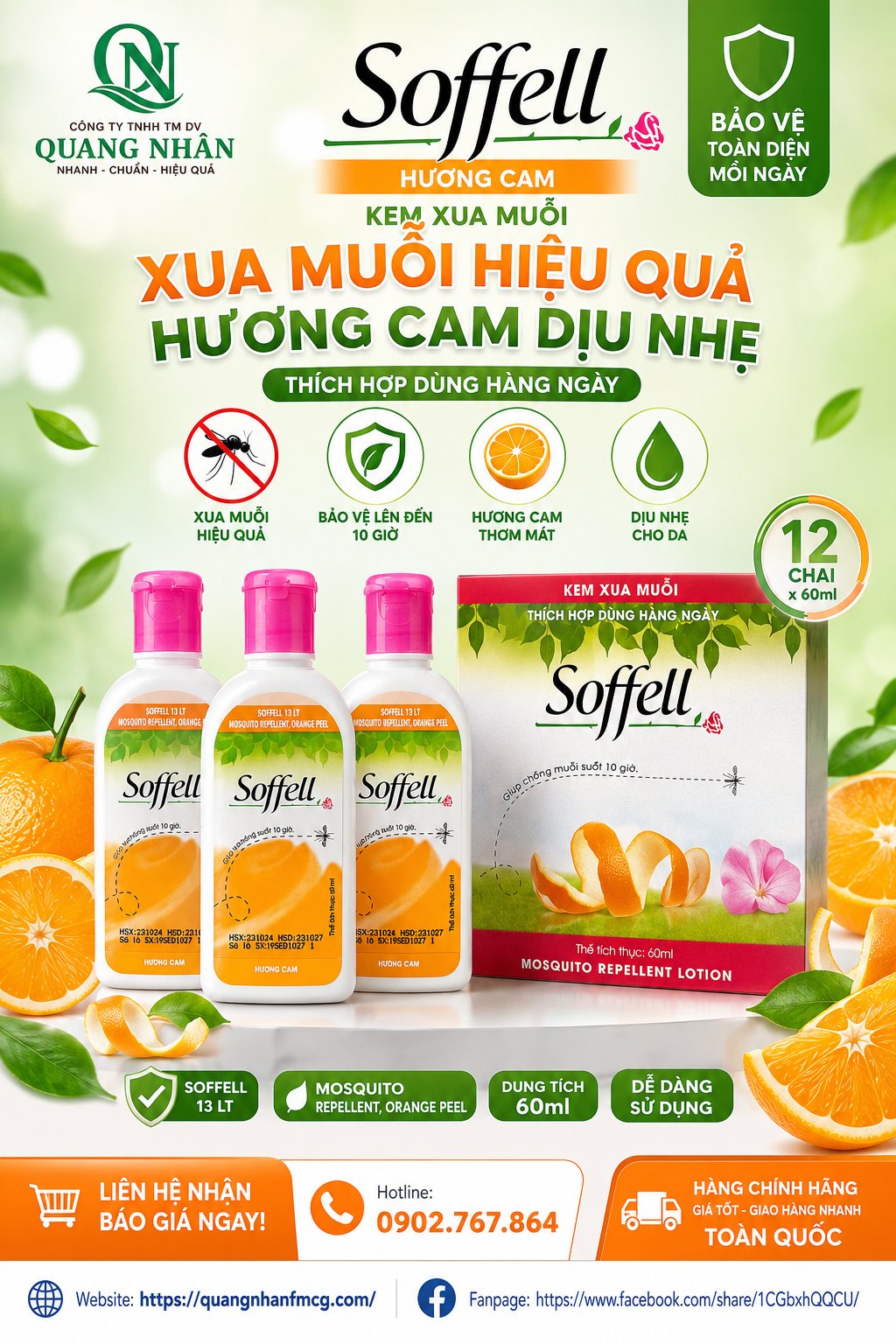 KEM CHỐNG MUỖI SOFFELL HƯƠNG CAM 60ml (12 chai) x 12 hộp