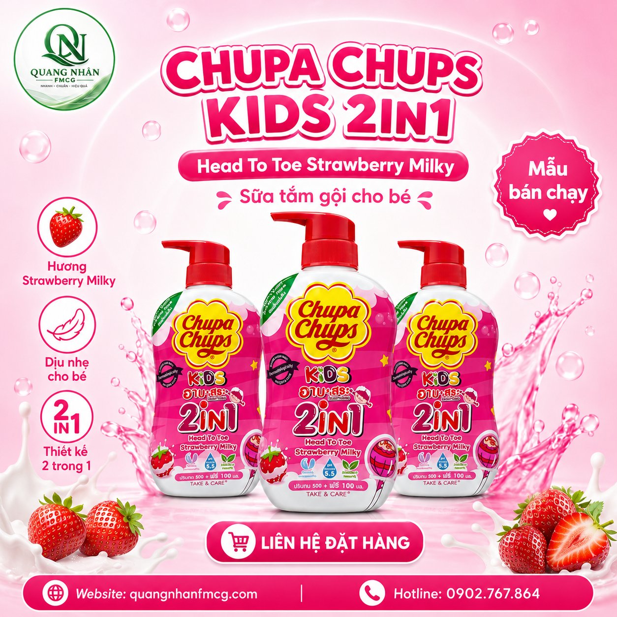 Tắm gội toàn thân hương dâu 600ml hiệu TAKE & CARE x 12 chai/thùng